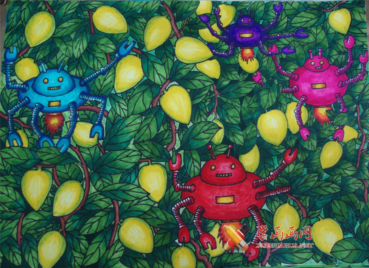 查看原始大图 初中获奖科幻画《多功能青枣采摘机》(1)