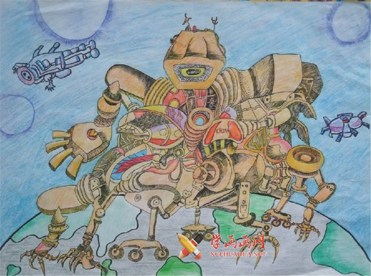 查看原始大图 小学生二等奖科幻画作品《外星人》(1)