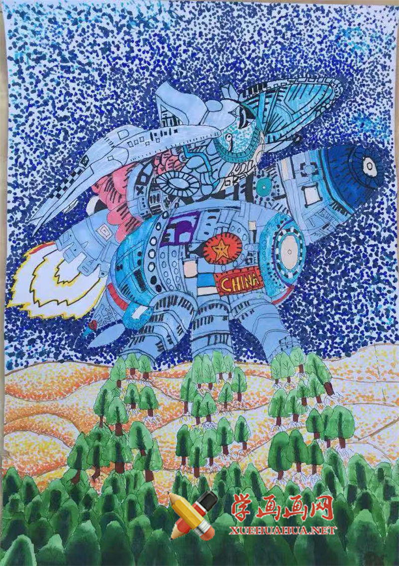 查看原始大图 三等奖小学生获奖科幻画《植树机》(1)