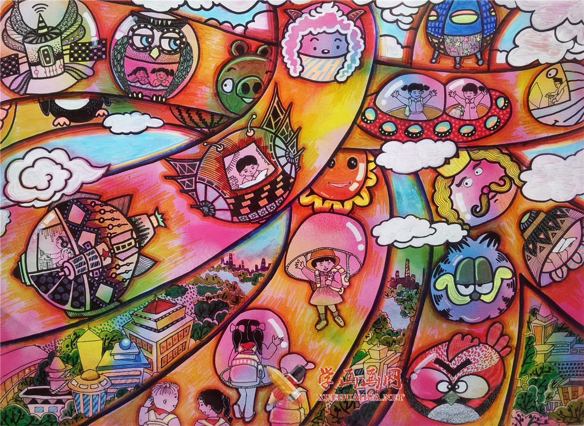 查看原始大图 五年级小学生获奖科幻画《泡泡系列之——空中校车》(1)