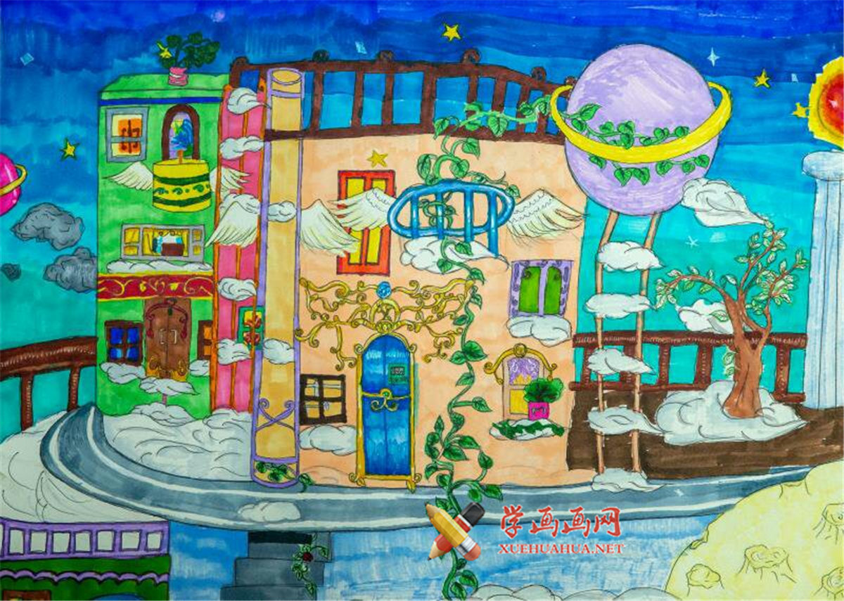 查看原始大图 三等奖小学生科幻画赏析《云朵上的城》(1)