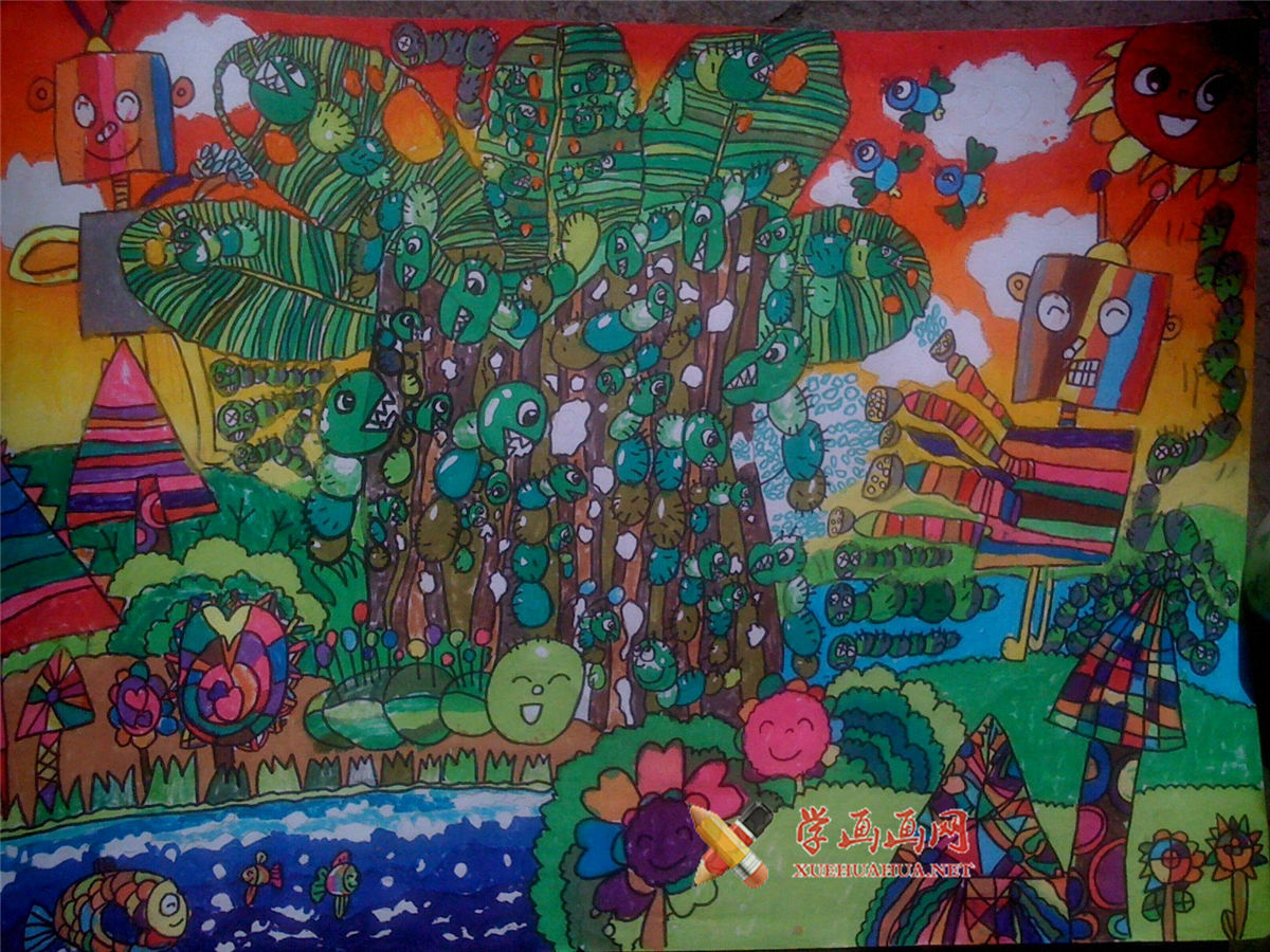 一年级小学生获奖科幻画《机器人灭害虫》(1)