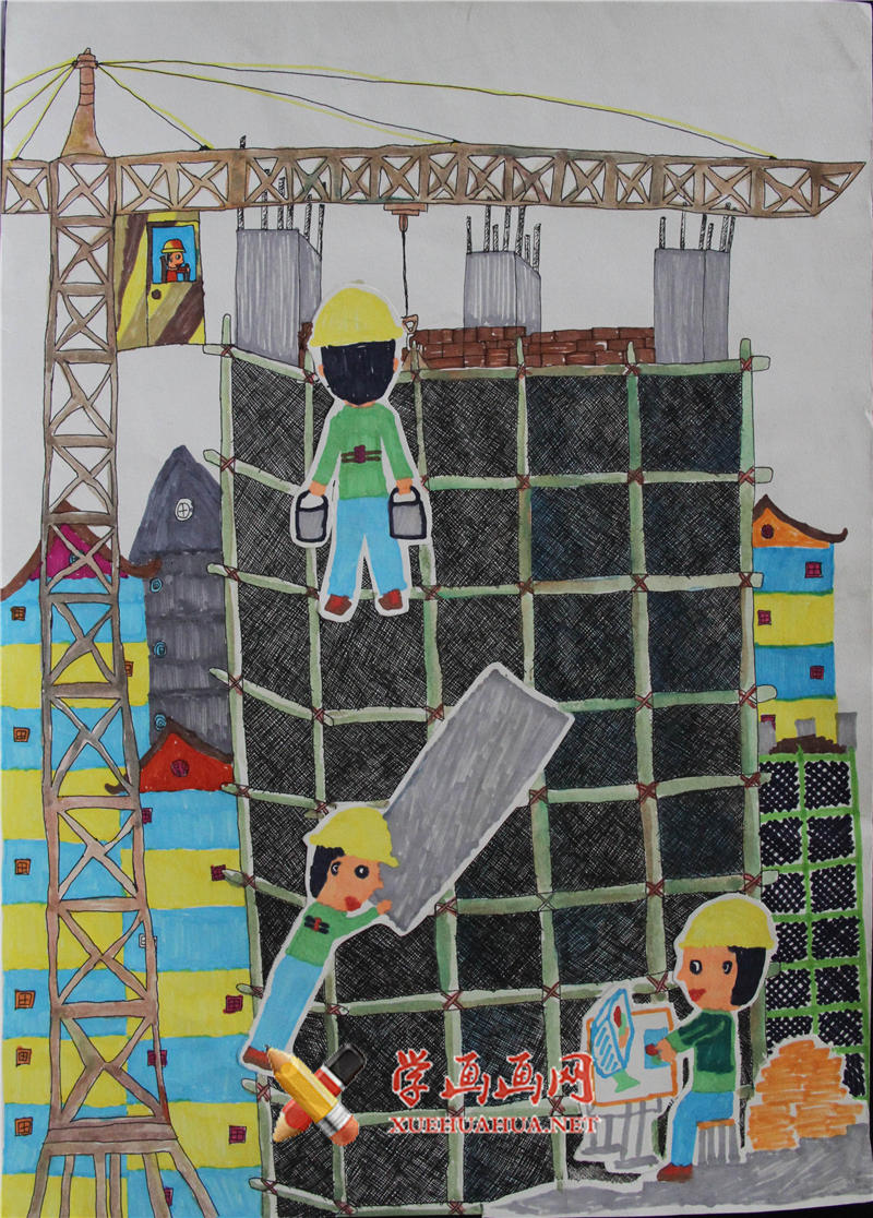 查看原始大图 小学生环保科幻画作品《建筑工地的失重机》(1)