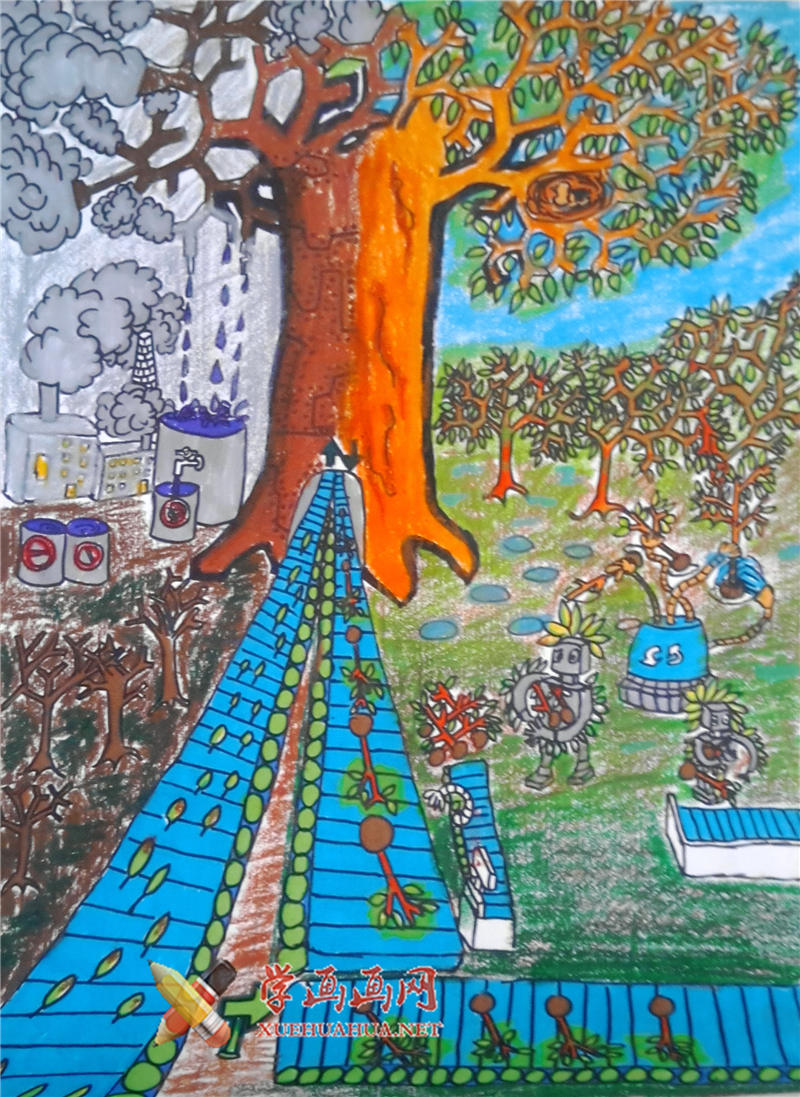 六年级小学生获奖科幻画《转基因植物栽培》(1)