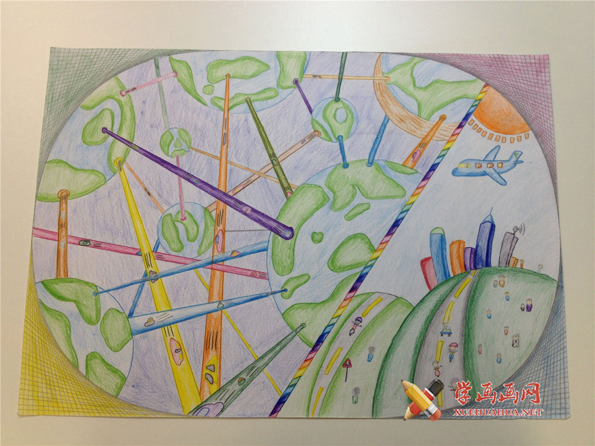 查看原始大图 初中生二年级三等奖科幻画《未來與現在的交通》赏析(1)