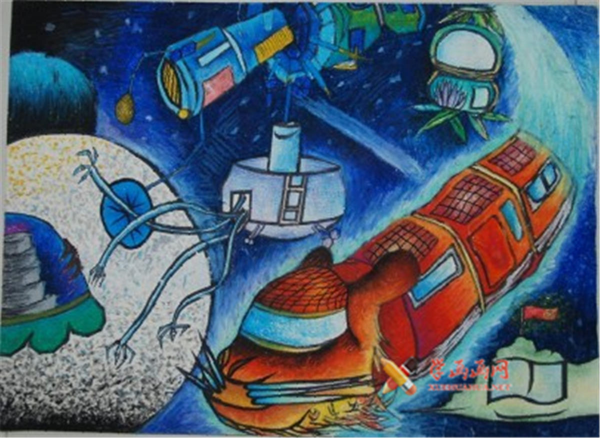 初中一年级中学生科幻画《太空卫士》(1)