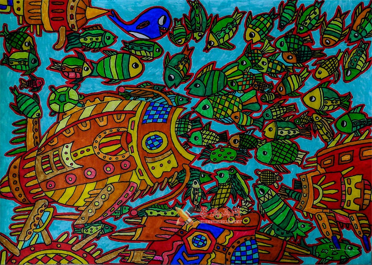 查看原始大图 五年级优秀儿童科幻画赏析《未来高科技捕鱼机》(1)