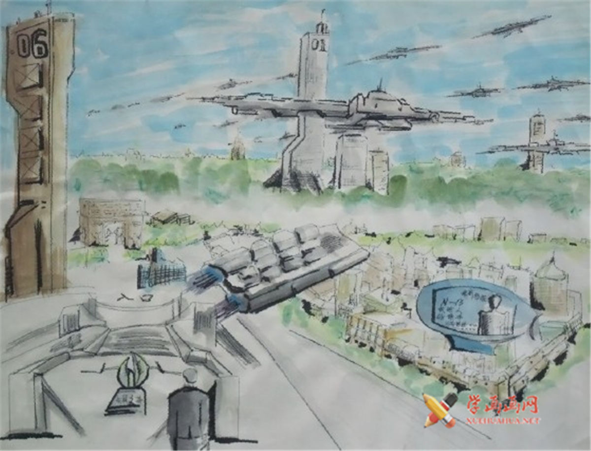 查看原始大图 六年级小学生获奖科幻画《未来城市》(1)