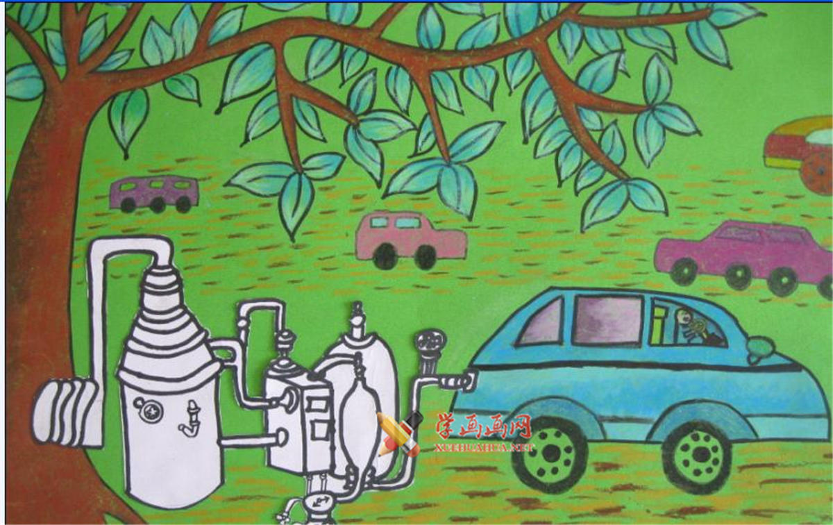 小学生四年级环保科幻画《汽车环保油》(1)