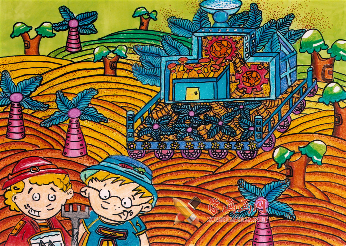 查看原始大图 小学生优秀获奖科幻画《沙漠绿化器》赏析(1)