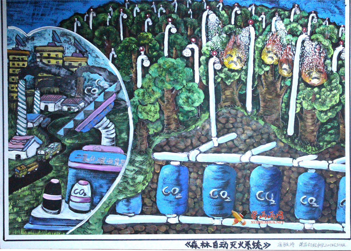 查看原始大图 初中一年级获奖科幻画《森林自动灭火系统》赏析(1)