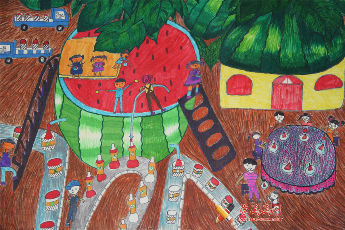 二年级小学生科幻画《天然的西瓜加工厂》鉴赏(1)