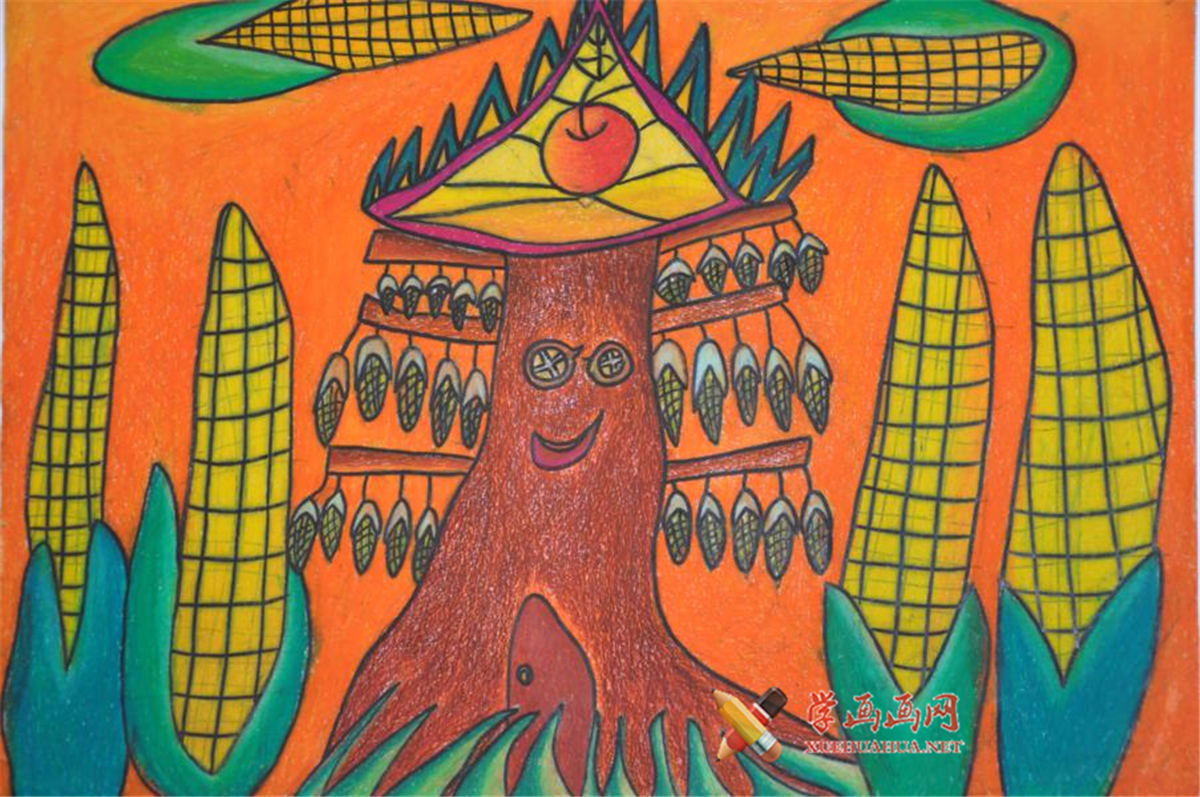 二年级小学生获奖科幻画《玉米树屋》(1)