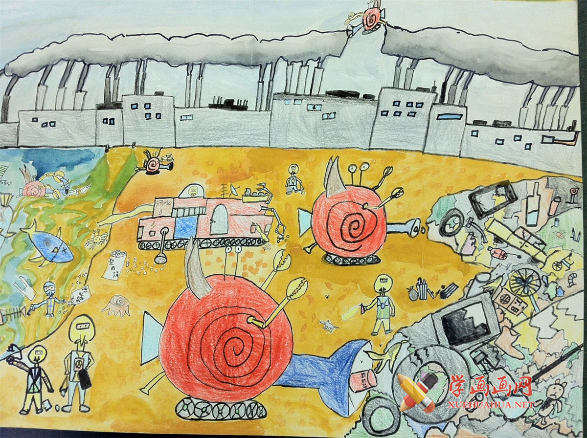 四年级小学生优秀科幻画《蝸牛吸污染物發電機》(1)