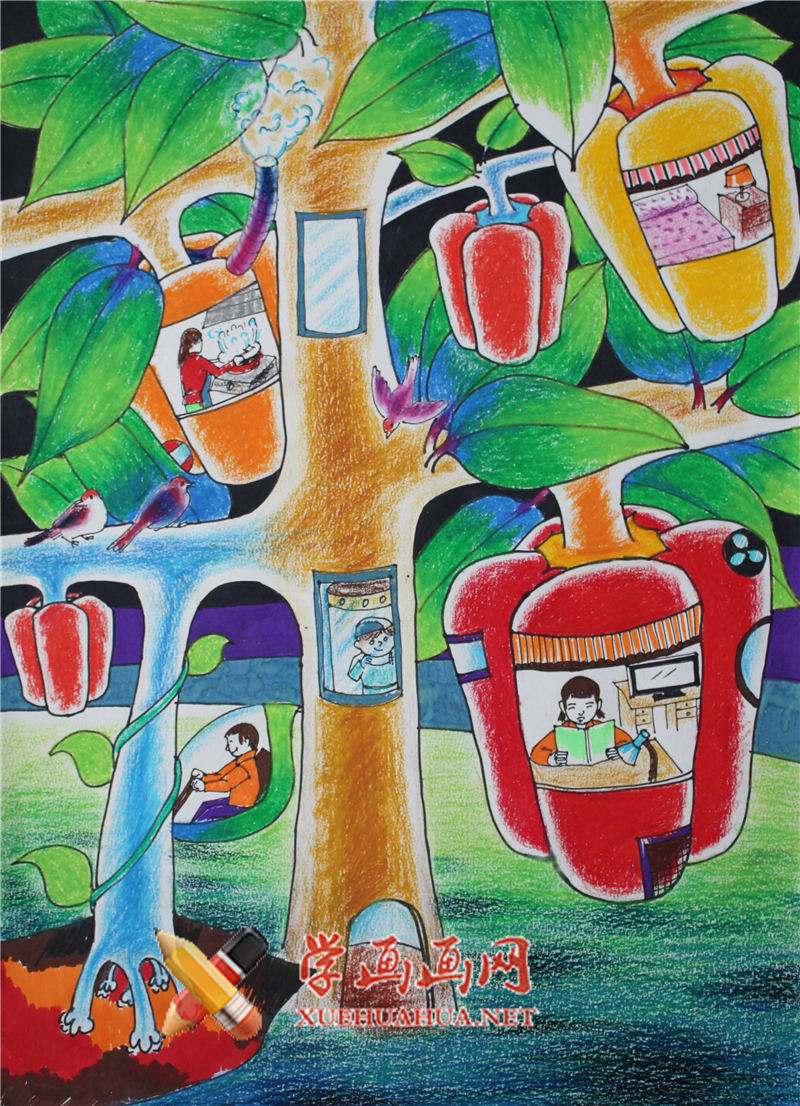 四年级小学生优秀科幻画《家园树》欣赏(1)