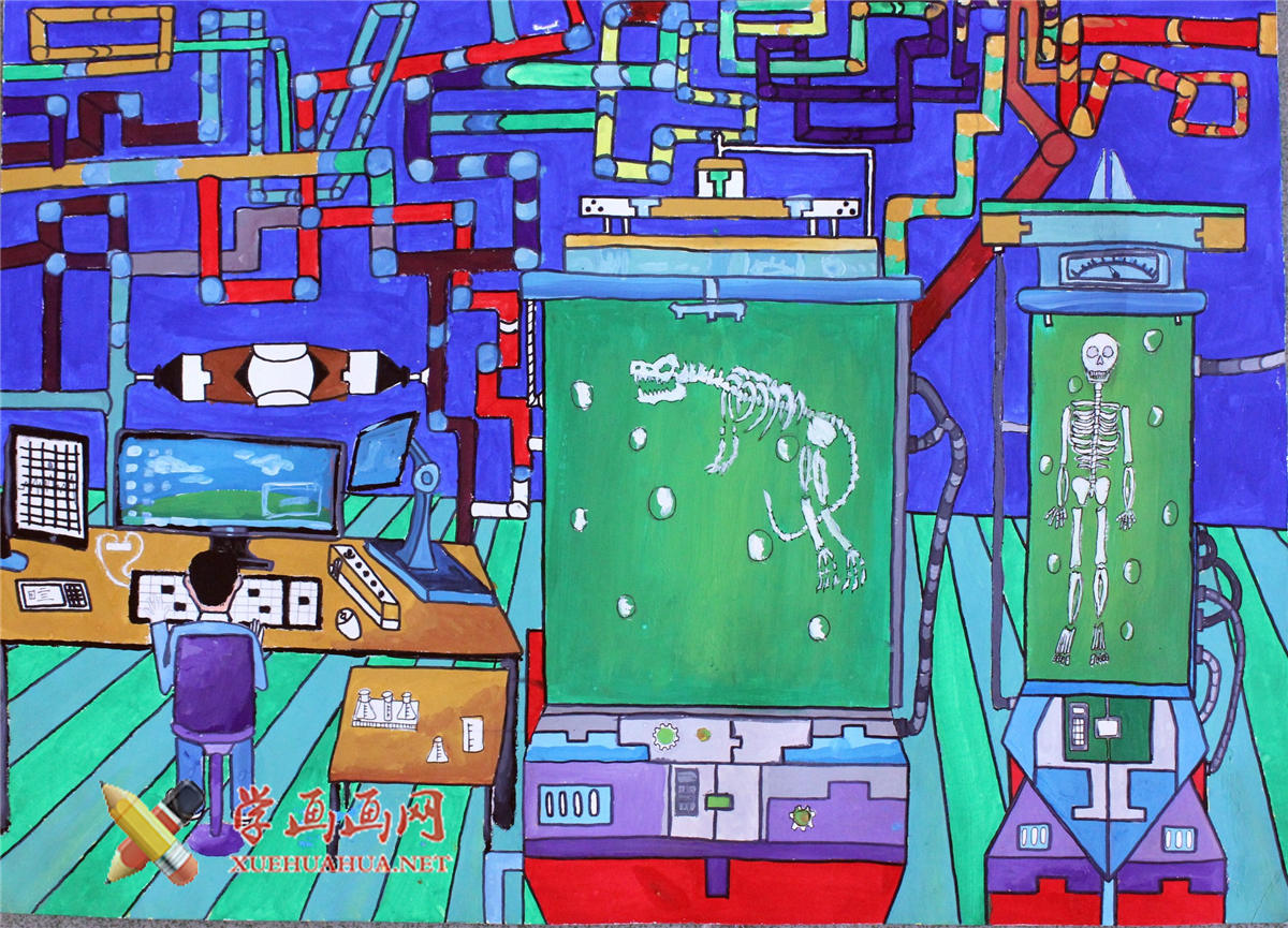 查看原始大图 中学生儿童环保科幻画《借骨还生机》(1)