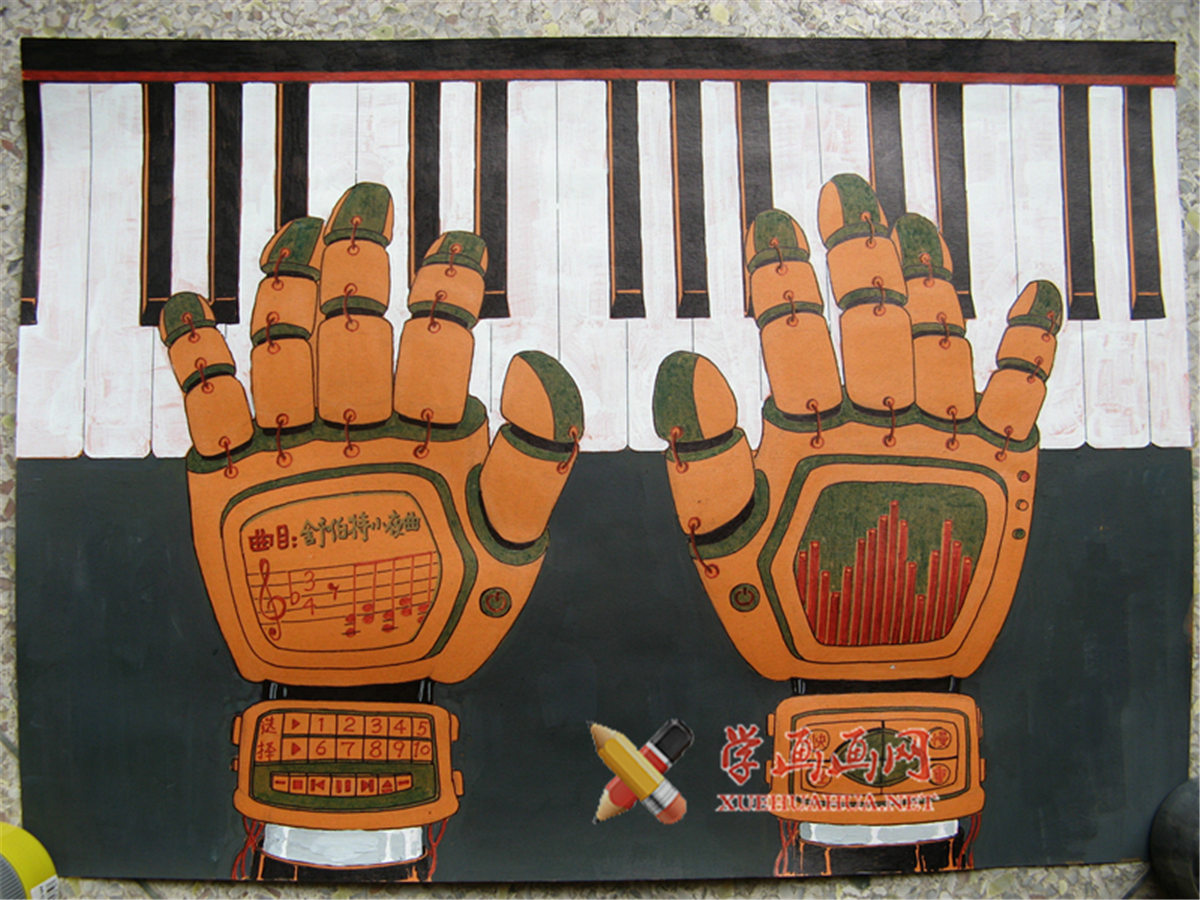查看原始大图 初中生获奖科幻画赏析《神奇的钢琴演奏手套》(1)