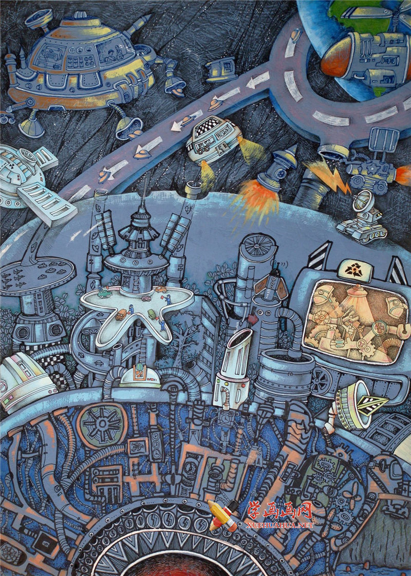 查看原始大图 初中二年级获奖科幻画《开辟宇宙新世界》欣赏(1)