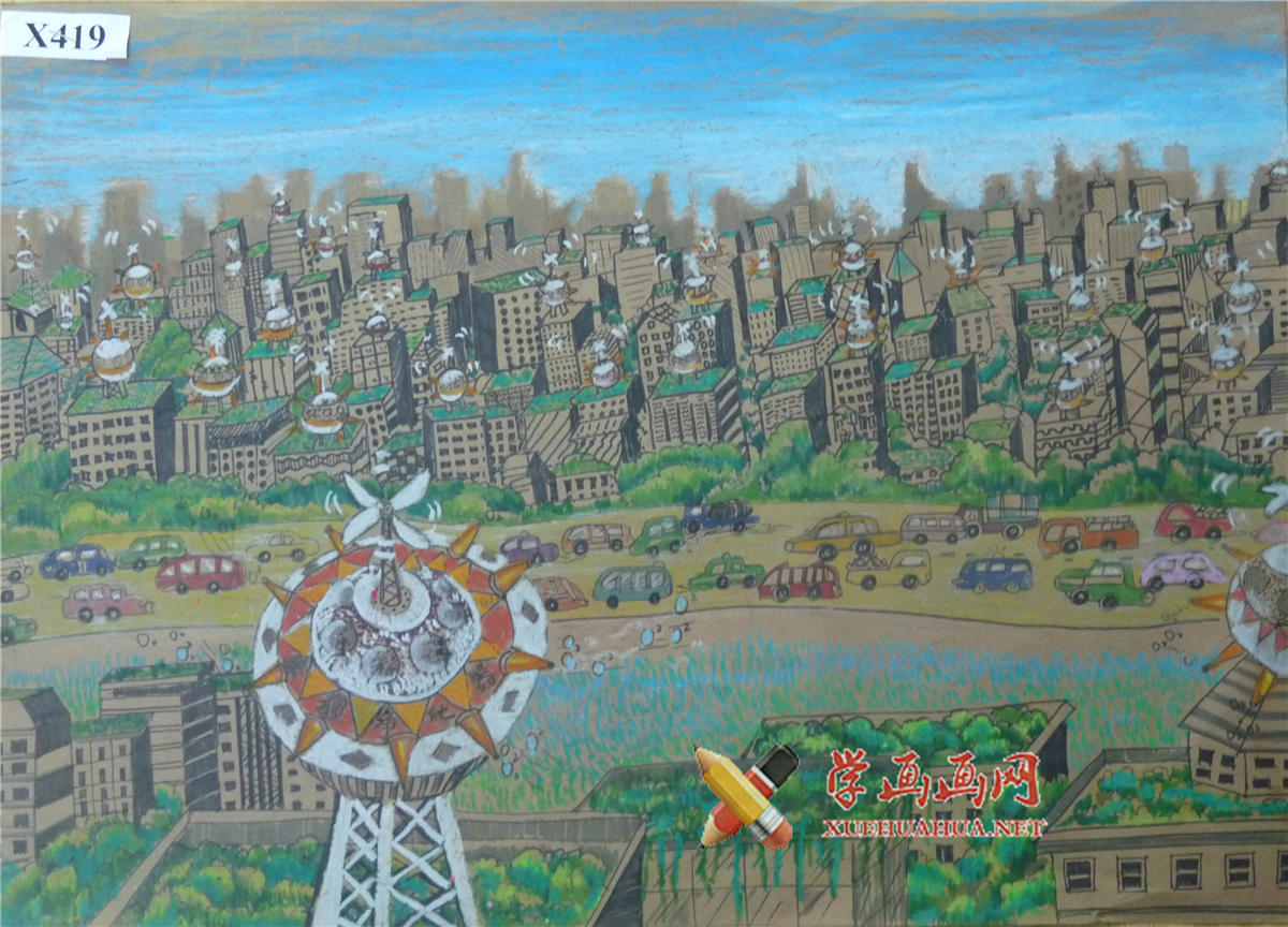 查看原始大图 小学生环保科幻画《城市雾霾净化器》(1)