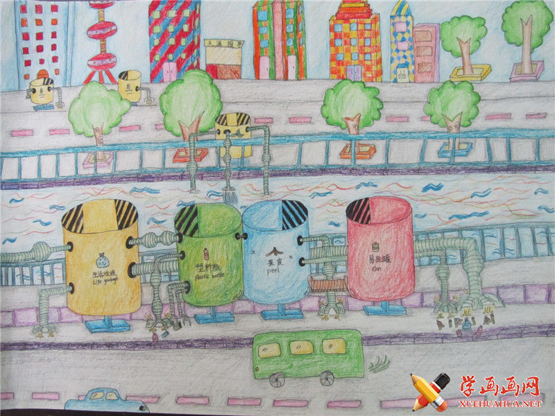 关于垃圾分类的儿童科幻画作品《多功能垃圾桶》(1)