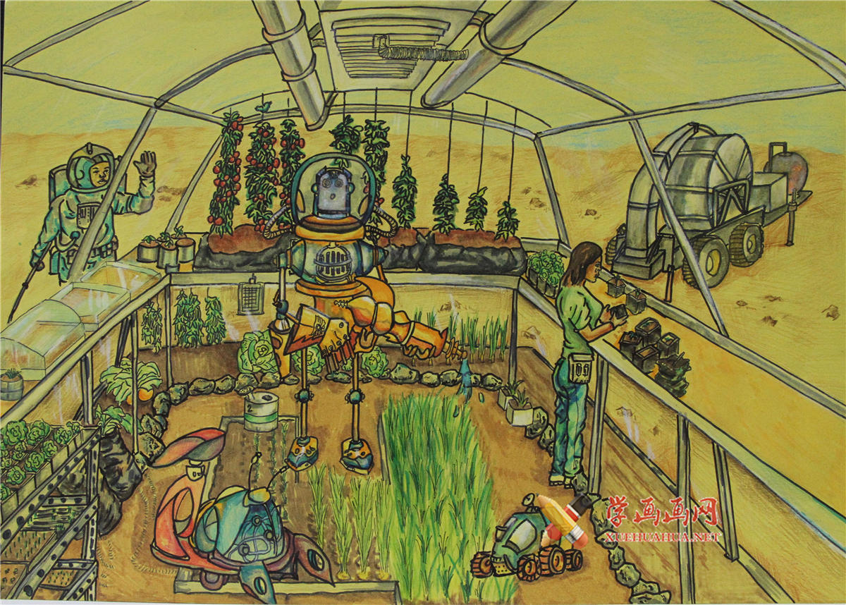 中学生二年级获奖科幻画作品《太空蔬菜基地》(1)