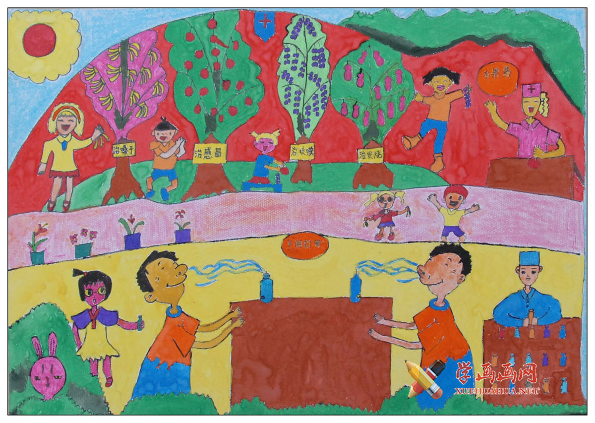 查看原始大图 六年级小学生优秀科幻画作品赏析《未来医药》(1)