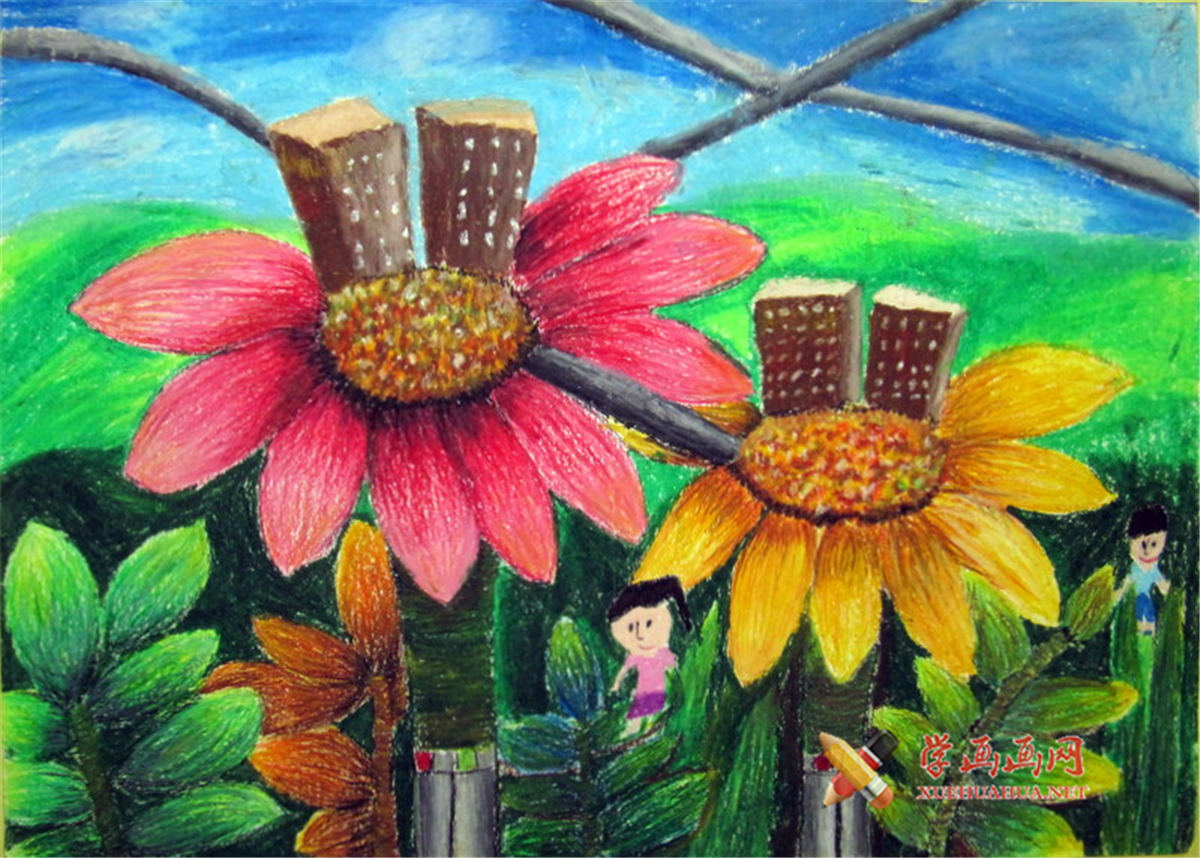 查看原始大图 五年级优秀科幻画作品赏析《未來的花世界》(1)