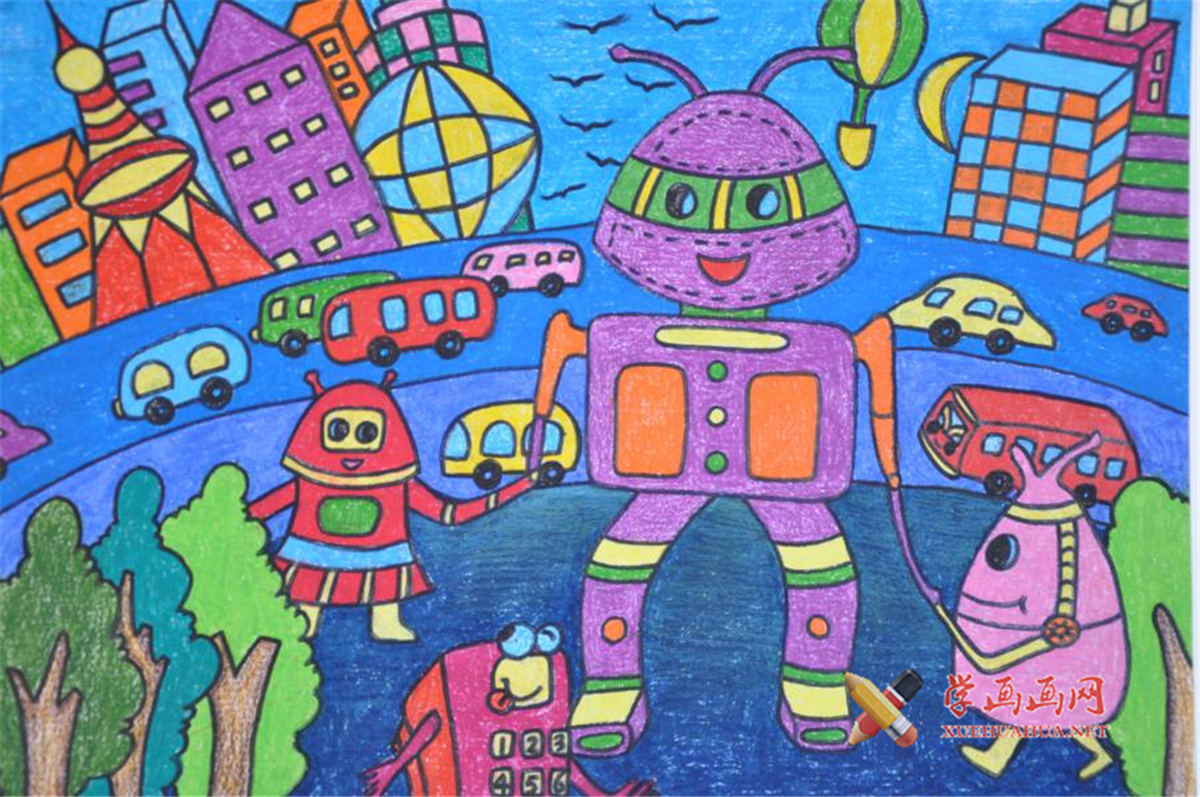 二年级小学生获奖科幻画《快乐的机器人》(1)