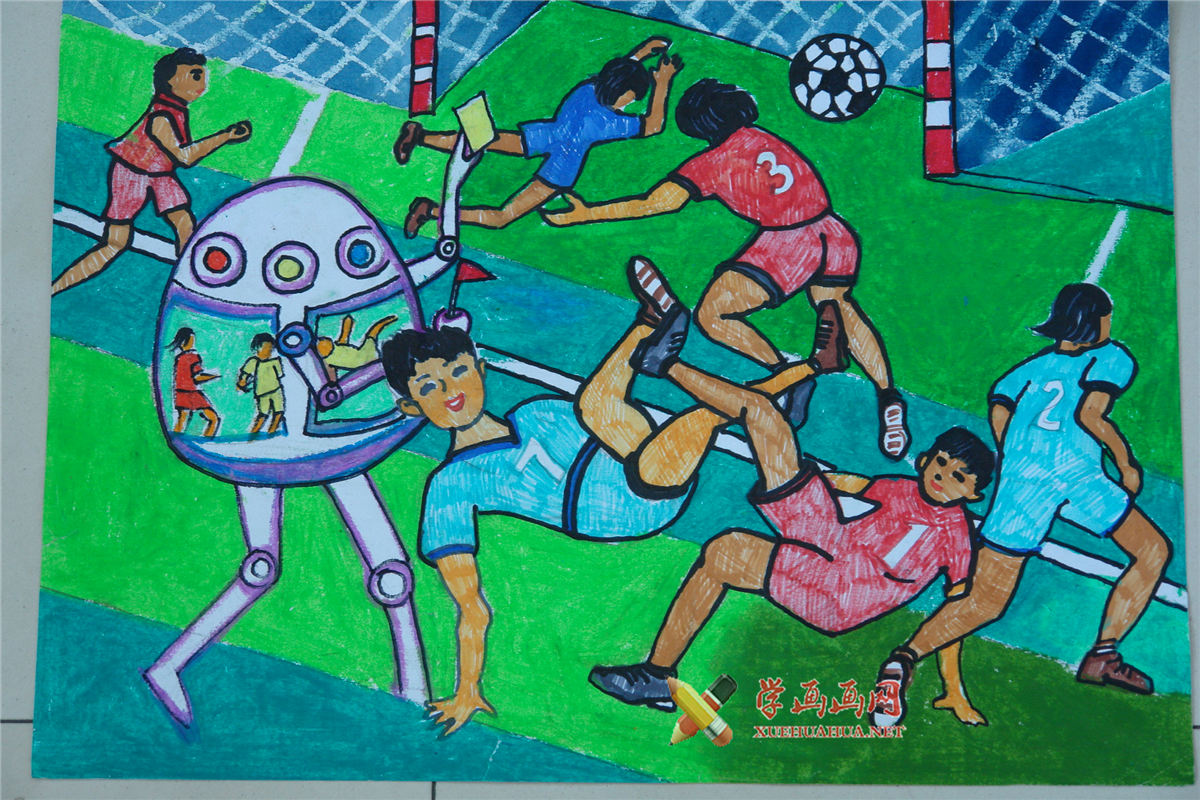 小学生四年级获奖科幻画作品《机器人足球裁判员》(1)