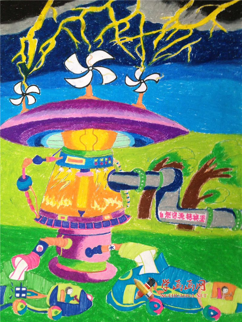 查看原始大图 优秀小学生科幻画《多功能能源转换器》鉴赏(1)