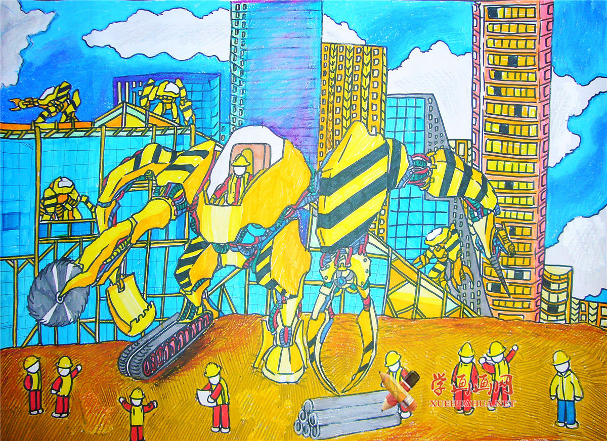 初中二年级获奖科幻画《建筑机器人》(1)