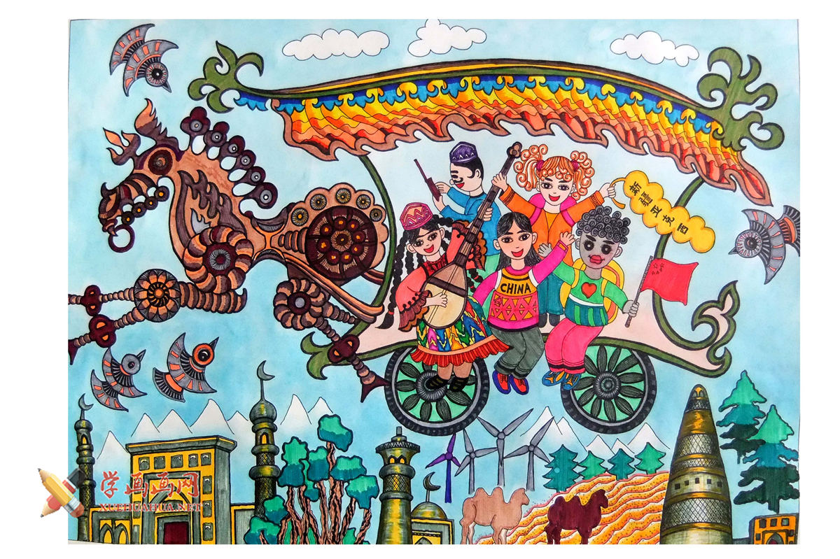 查看原始大图 六年级小学生创意科幻画《新型的新疆电子马的》(1)