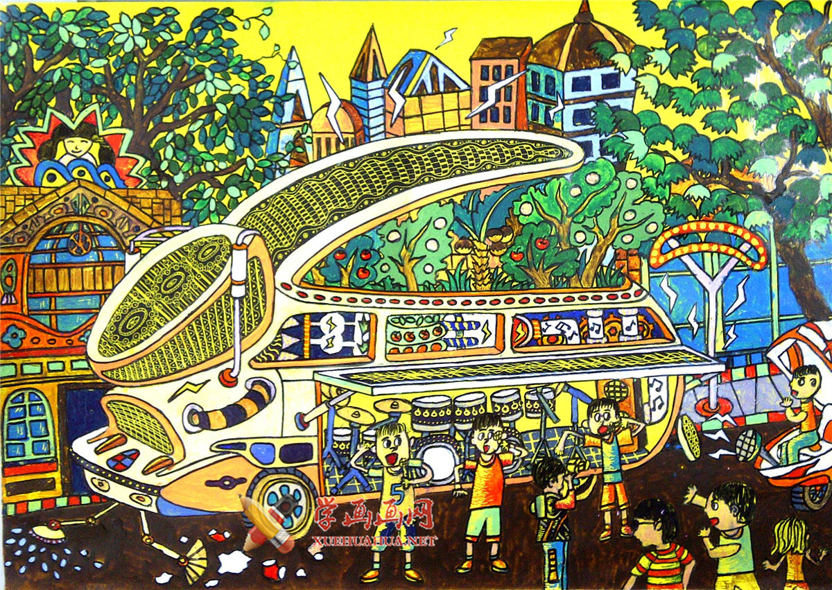 查看原始大图 三年级优秀小学生科幻画《绿色卡拉OK发电车》(1)