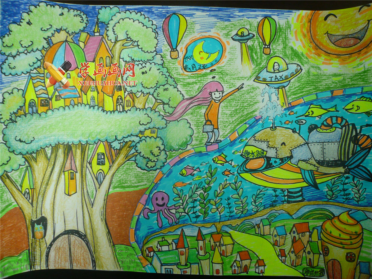 查看原始大图 小学生获奖科幻画《Taxi, 带我去月球》(1)