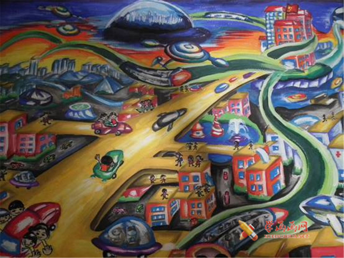 查看原始大图 六年级小学生科幻画《未来交通》鉴赏(1)