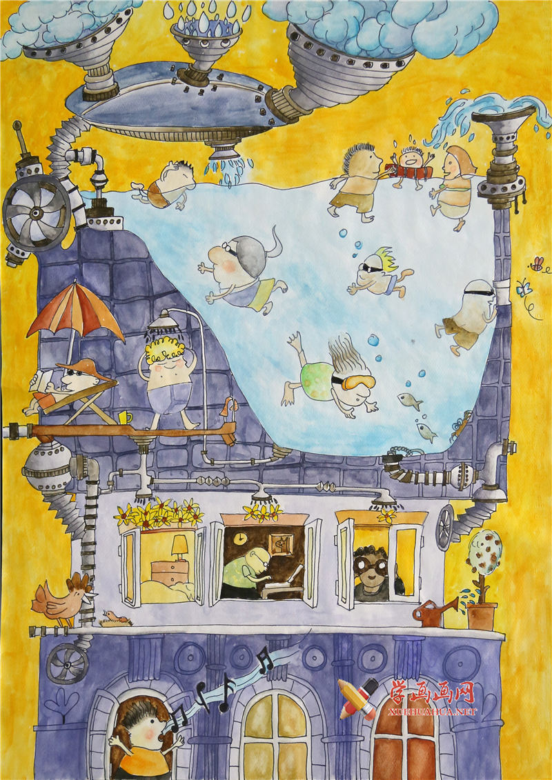 查看原始大图 二等奖中学生科幻画《自带循环系统的智能大楼》(1)