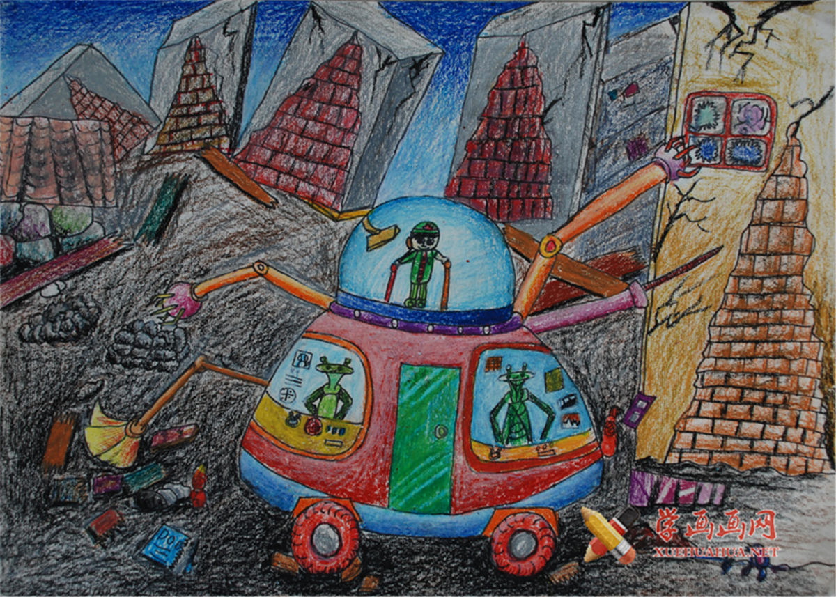 小学生六年级获奖科幻画《多功能救援车》(1)