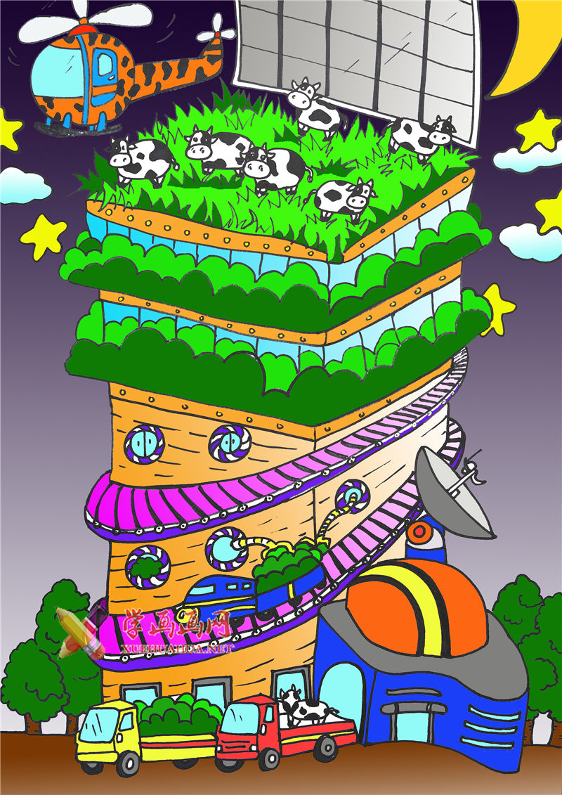 四年级小学生获奖科幻画作品《垂直牧场》(1)