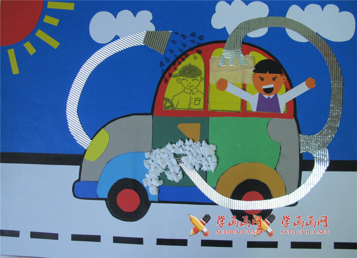 优秀小学生三等奖科幻画《带自动洗车装置的小汽车》(1)