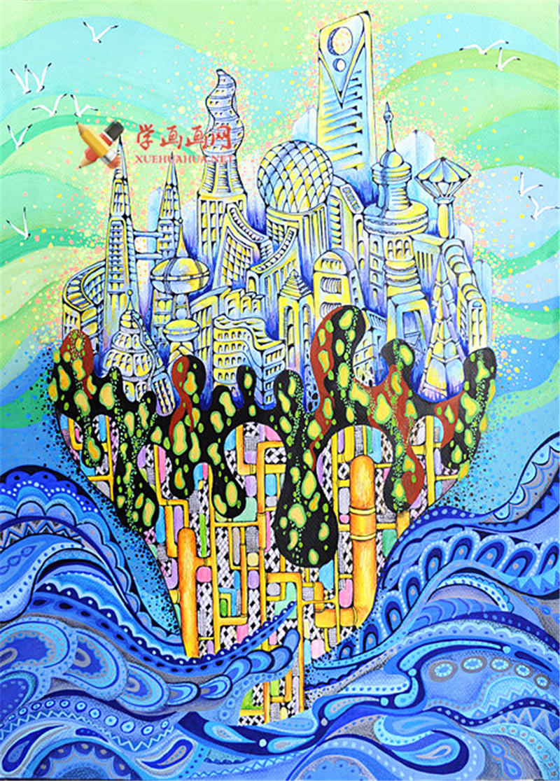 查看原始大图 小学生六年级优秀科幻画《海能城》(1)