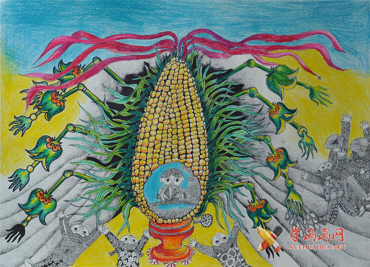 六年级小学生优秀科幻画《多功能环保玉米一体机器》(1)