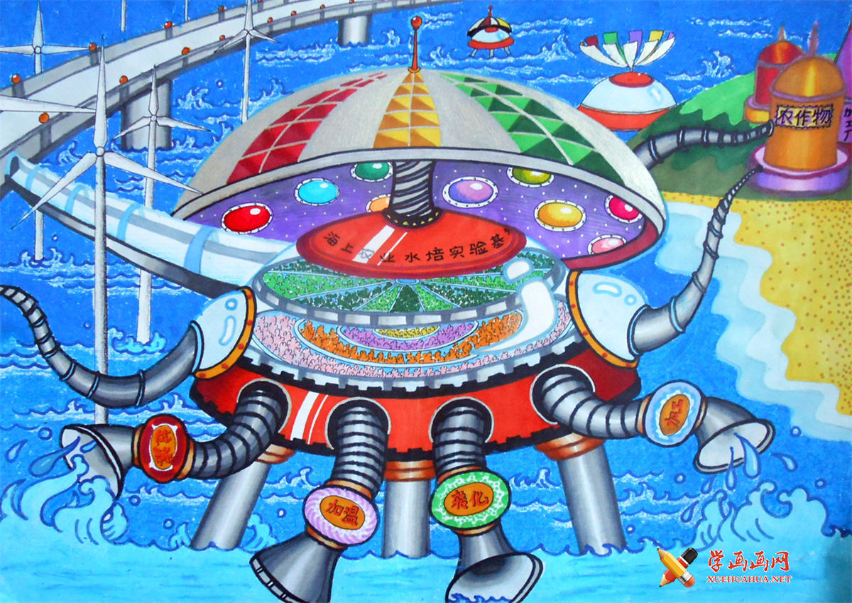 小学六年级4k科幻画获奖作品欣赏《海上农业水培实验基地》(1)