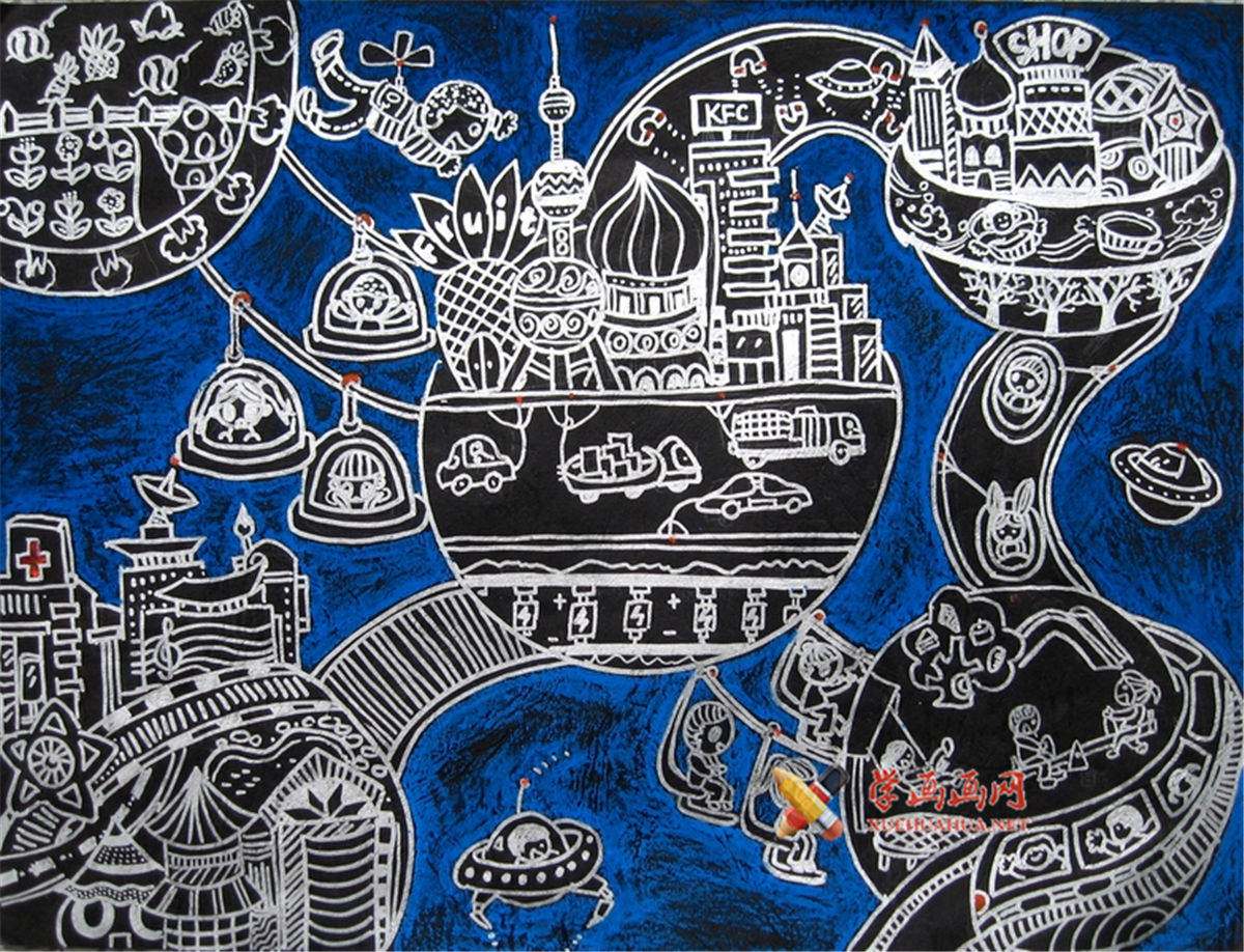 查看原始大图 小学生科幻画优秀获奖作品《绿色星球通道》(1)