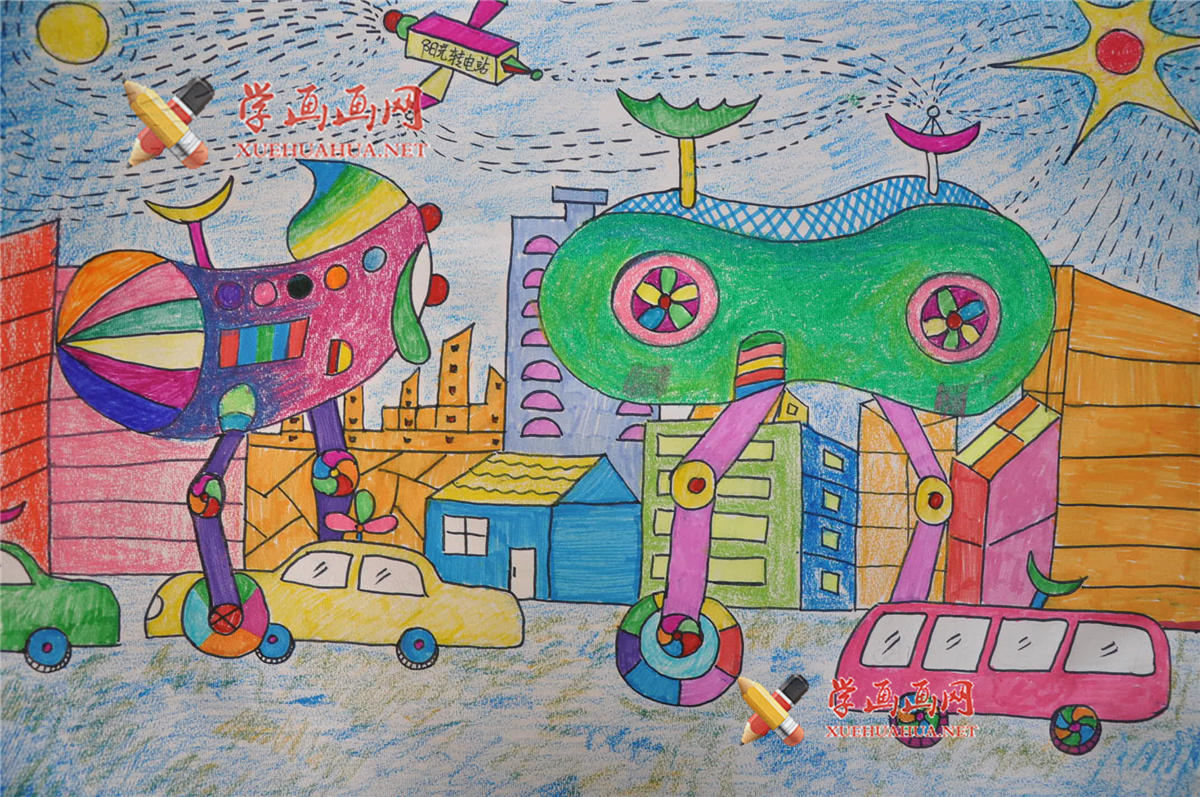 查看原始大图 五年级环保科幻画赏析《太阳能加电站》(1)