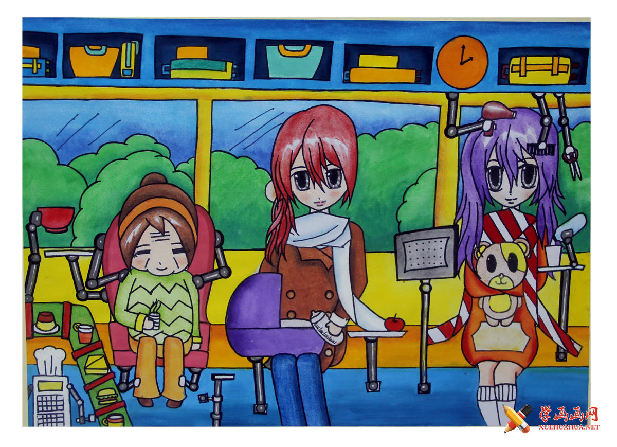 查看原始大图 小学六年级科幻画作品《多功能高铁仓》(1)