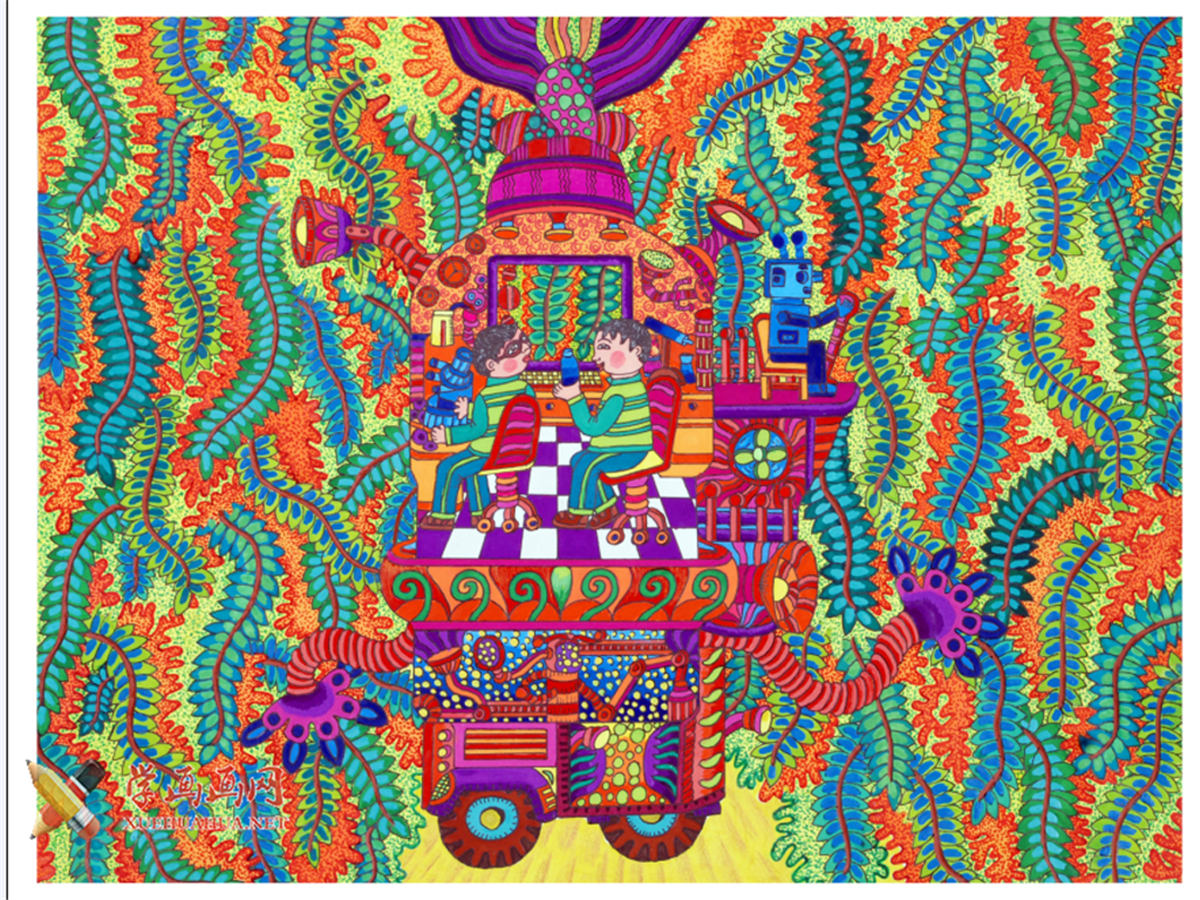 查看原始大图 六年级小学生优秀科幻画《未来森林植物修复机》(1)