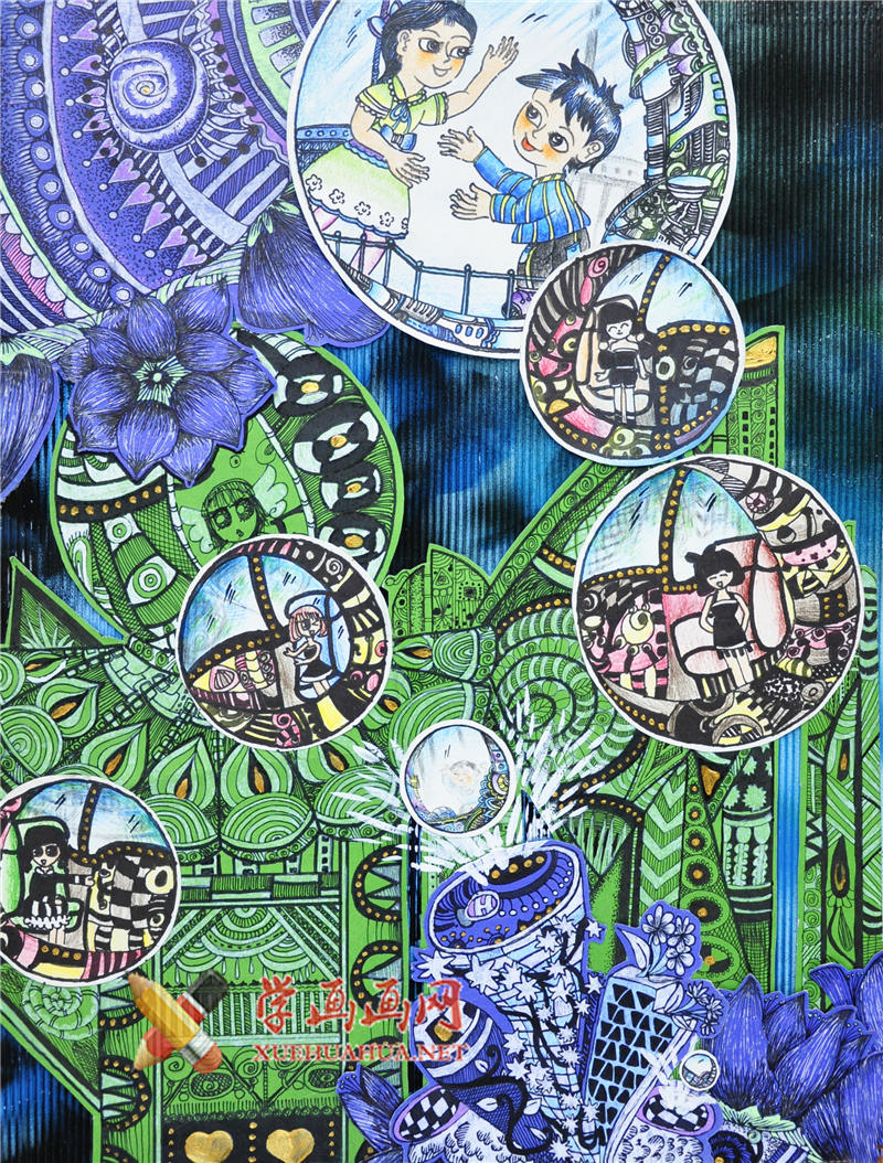 关于环保的三年级科幻画《生态环保城市泡泡飞行器》(1)