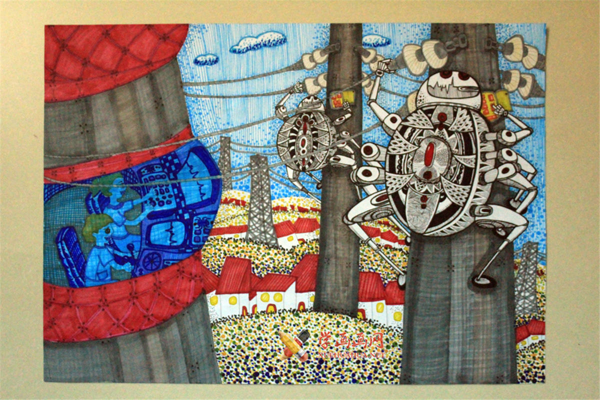 查看原始大图 二等奖小学生获奖科幻画《智能电力维修器》(1)