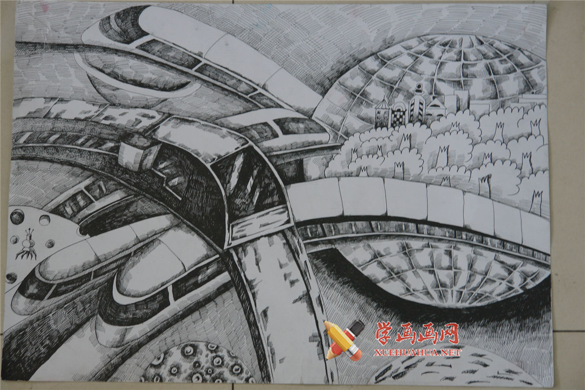 查看原始大图 初中一年级优秀科幻画《未来太空轨道》赏析(1)