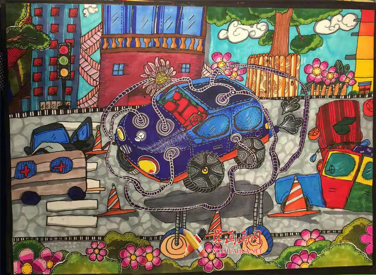 查看原始大图 二等奖小学生科幻画作品《智能防堵汽车辅助器》(1)